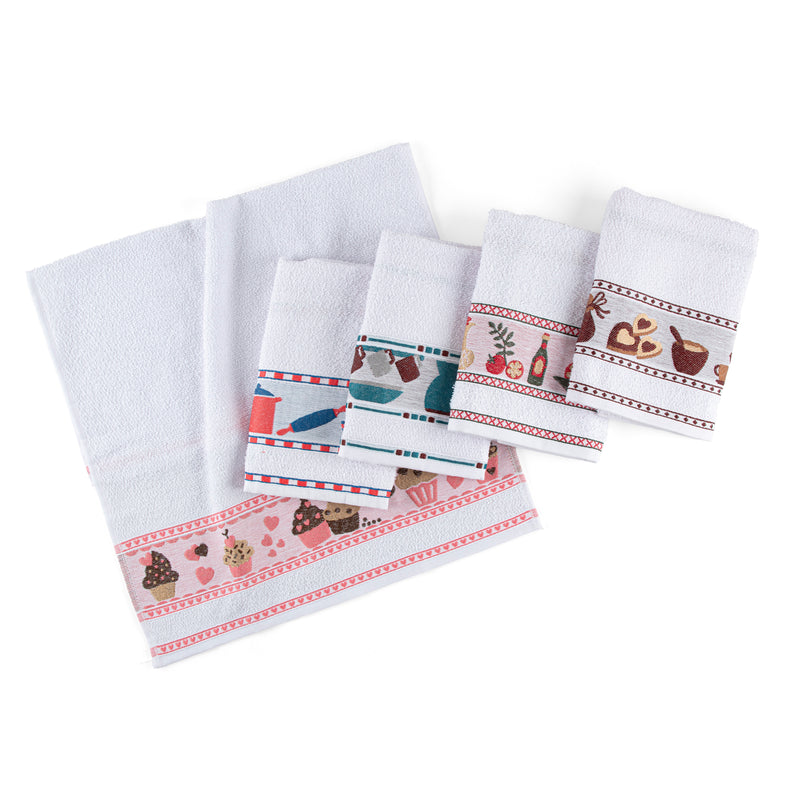 Kit 5 Pçs Pano de Copa Prato para Cozinha Felpudo com Barrado Estampado Sortido