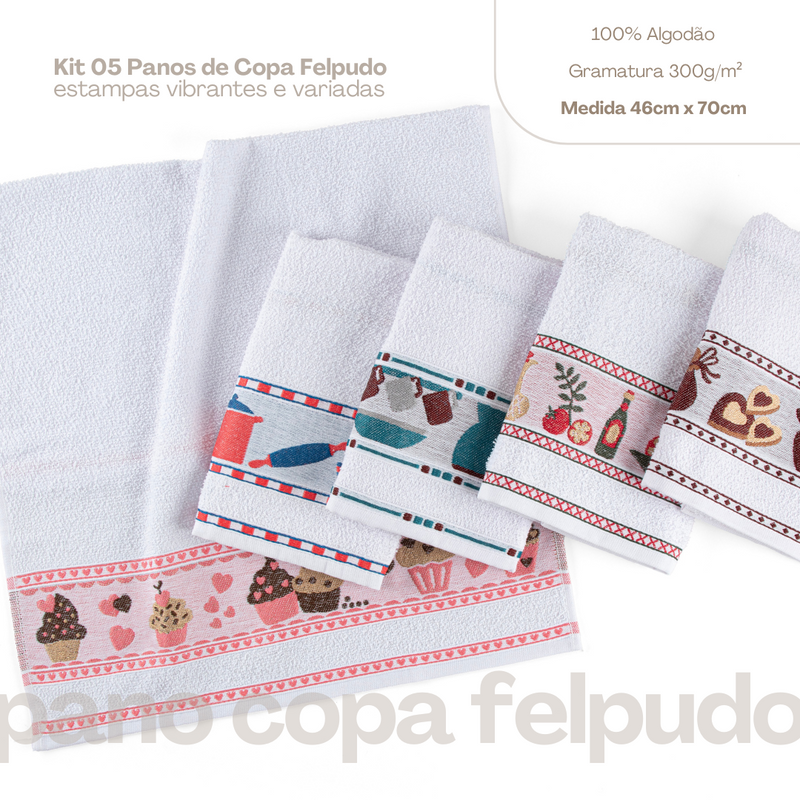 Kit 5 Pçs Pano de Copa Prato para Cozinha Felpudo com Barrado Estampado Sortido