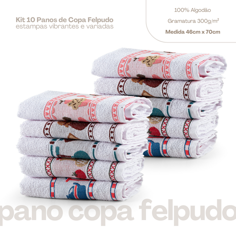Kit 10 Pçs Pano de Copa Prato para Cozinha Felpudo com Barrado Estampado Sortido