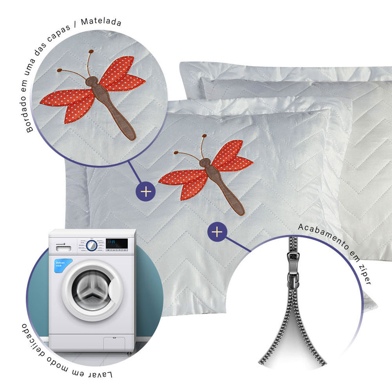 Kit 2 Pçs Capa de Almofada Libélula 45x45cm Matelada Bordada com Zíper