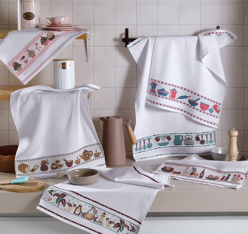 Kit 5 Pçs Pano de Copa Prato para Cozinha Felpudo com Barrado Estampado Sortido